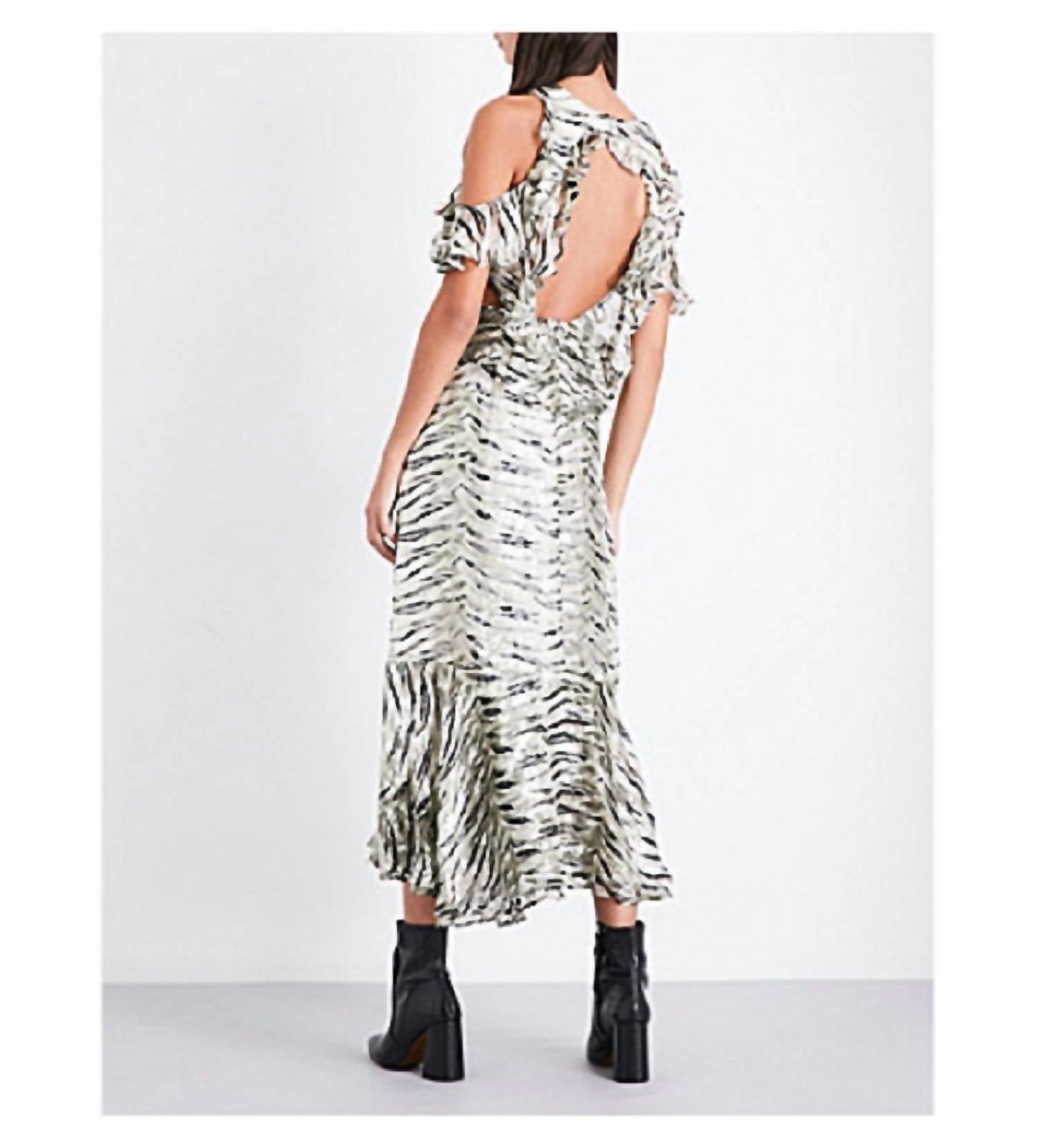Topshop - Animal Print Silk Ruffle Open Back Cutout Midi Dress