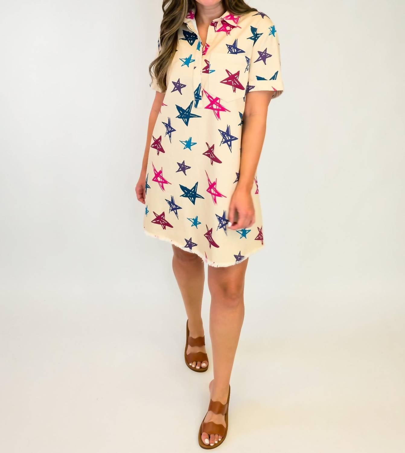 Bibi - Washed Denim Frayed Hemline Short Dress