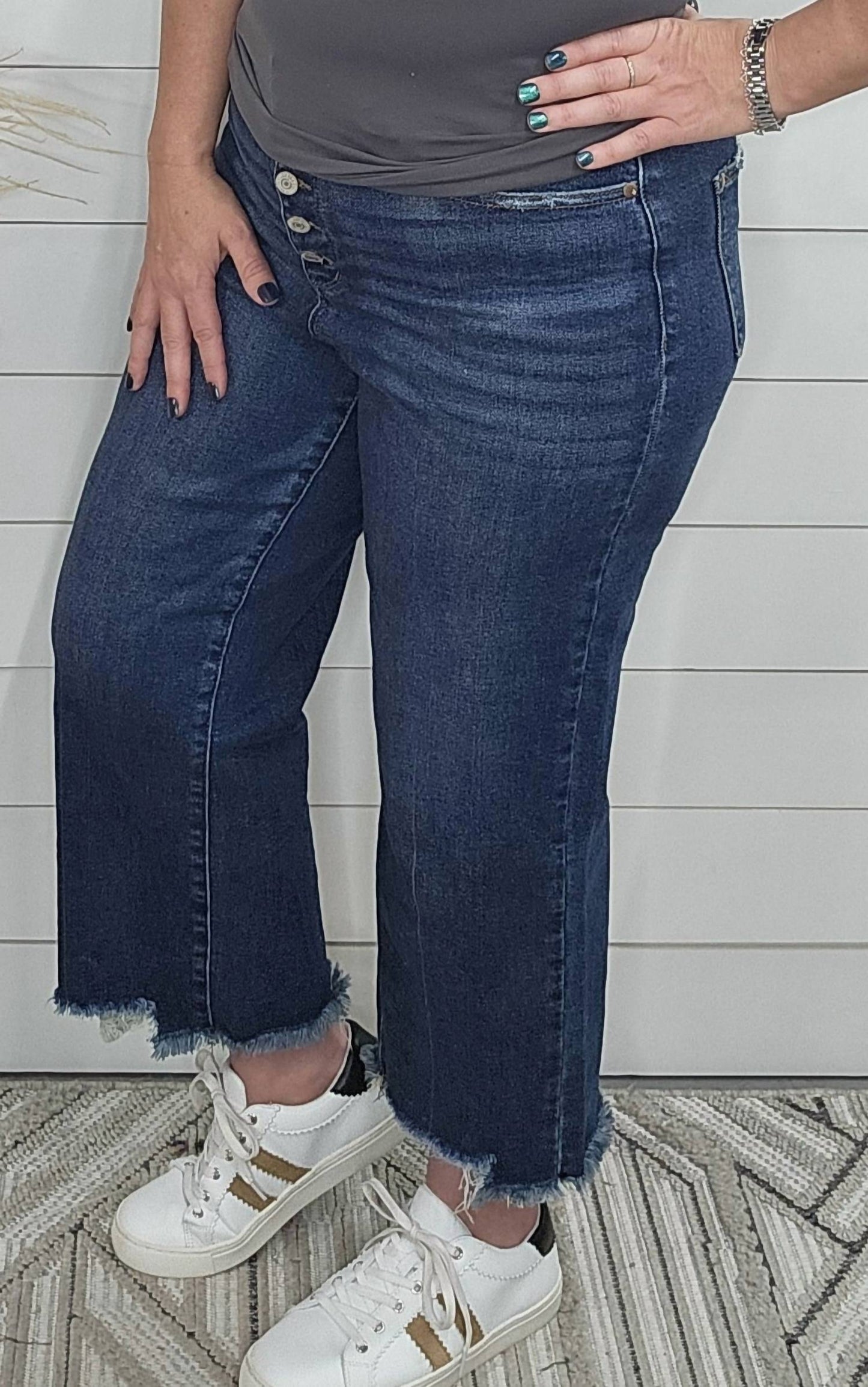Judy Blue - Women's High Waist Button Fly Distressed Hem Crop Jeans