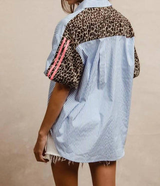 Bibi - Stripe Pattern Shirt With Leopard Top