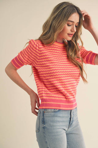 &Merci - Striped Pointelle Puff Sleeve Top