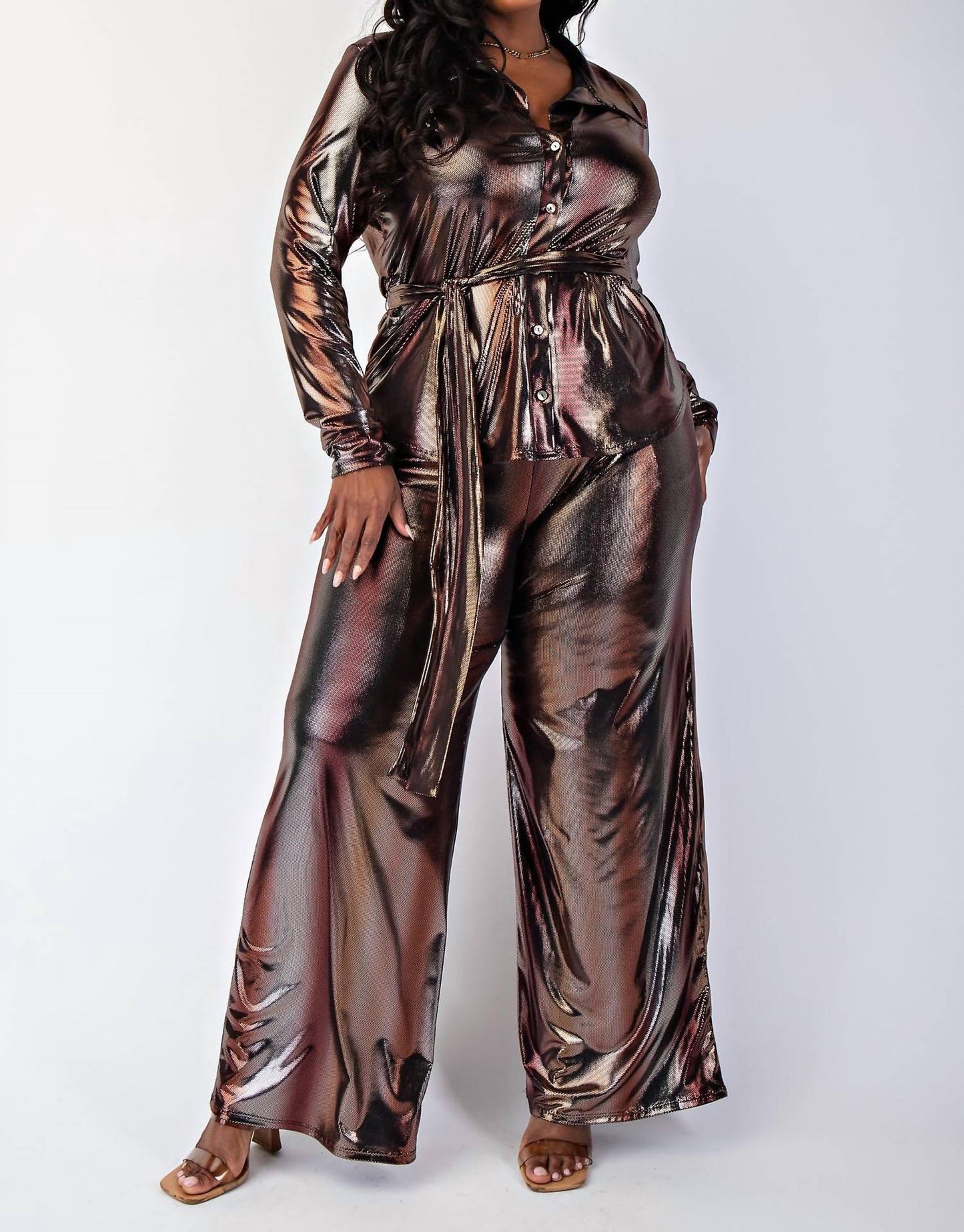The Curve La - Plus Size Foil Knit Long Sleeve Shirt Top And Wide Leg Pants Set