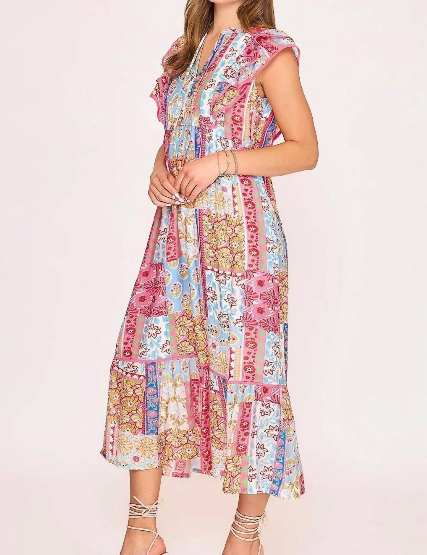 Trendsi - Umgee Full Size Tie Neck Double Layered Ruffle Sleeve Midi Dress Plus Size