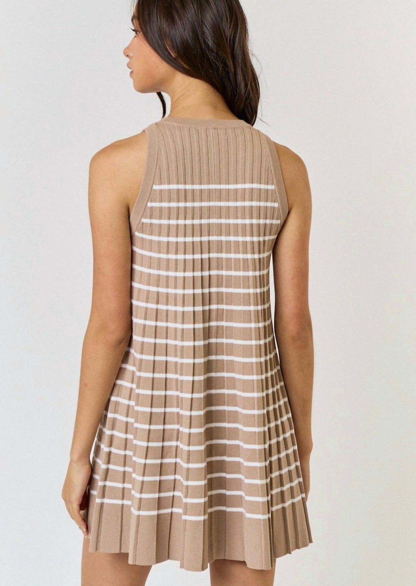 Lalavon - Striped Pleated Sleeveless Sweater Mini Dress
