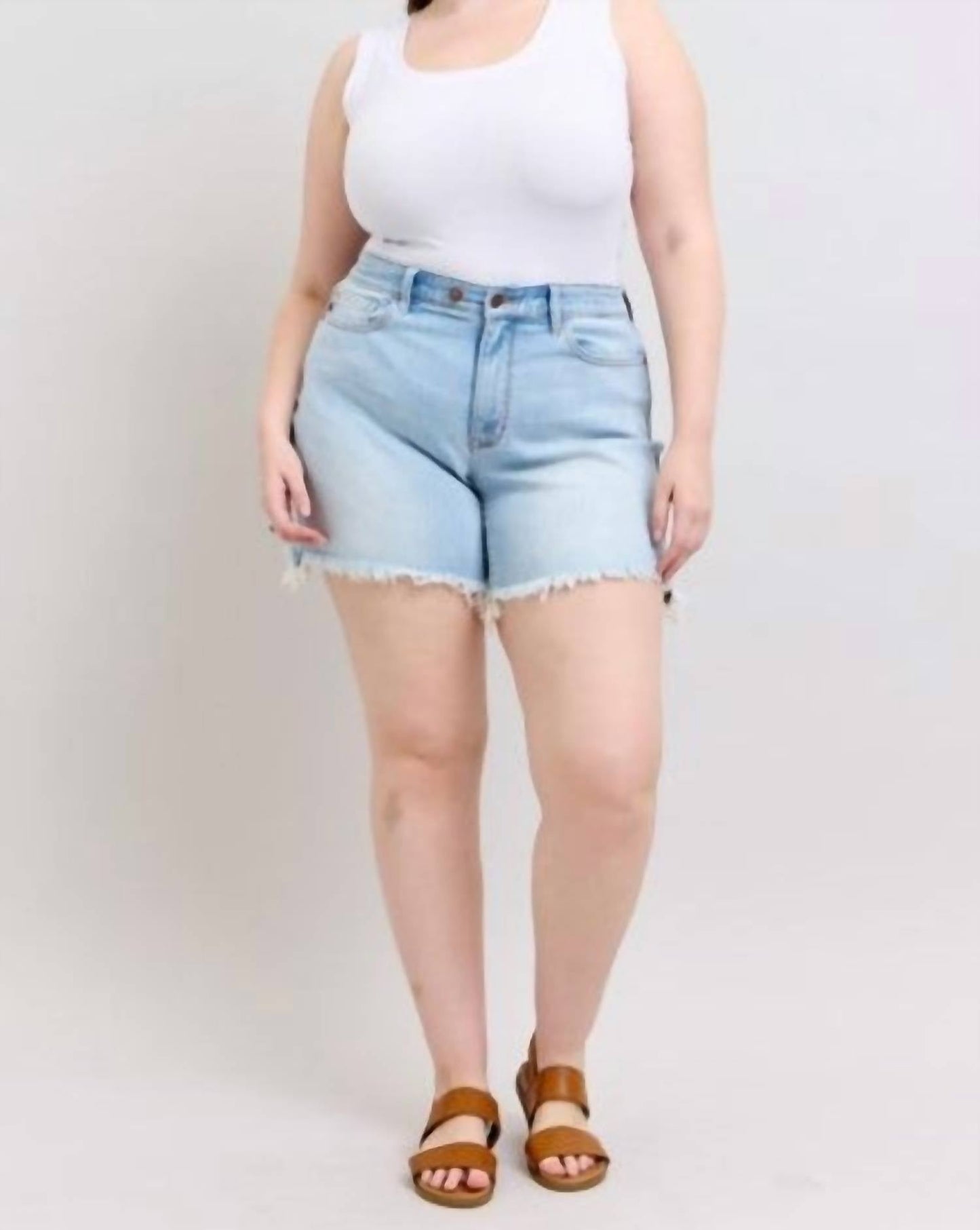 Judy Blue - Double Button Fray Hem Mid Rise Denim Shorts