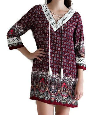 Entro - Border Print Lace Up Tassel Tie Dress