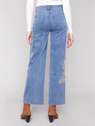 Charlie B - Embroidered Wide Leg Jeans With Flowers