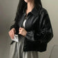 Black Faux Leather Bomber Jacket with Contrast Stitching