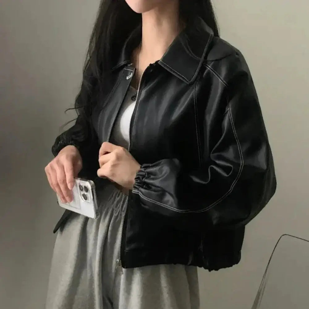 Black Faux Leather Bomber Jacket with Contrast Stitching