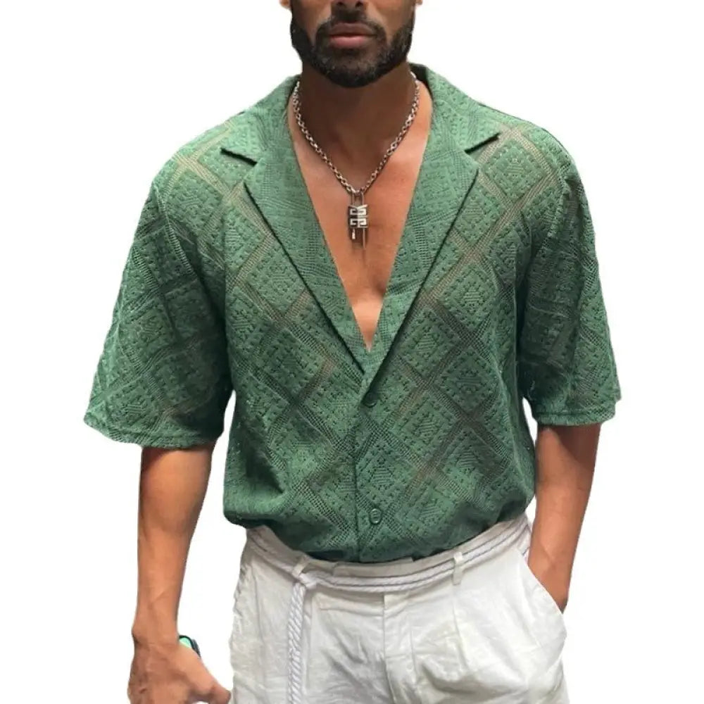 Men's Breathable Diamond Textured Hollow Lapel Shirt