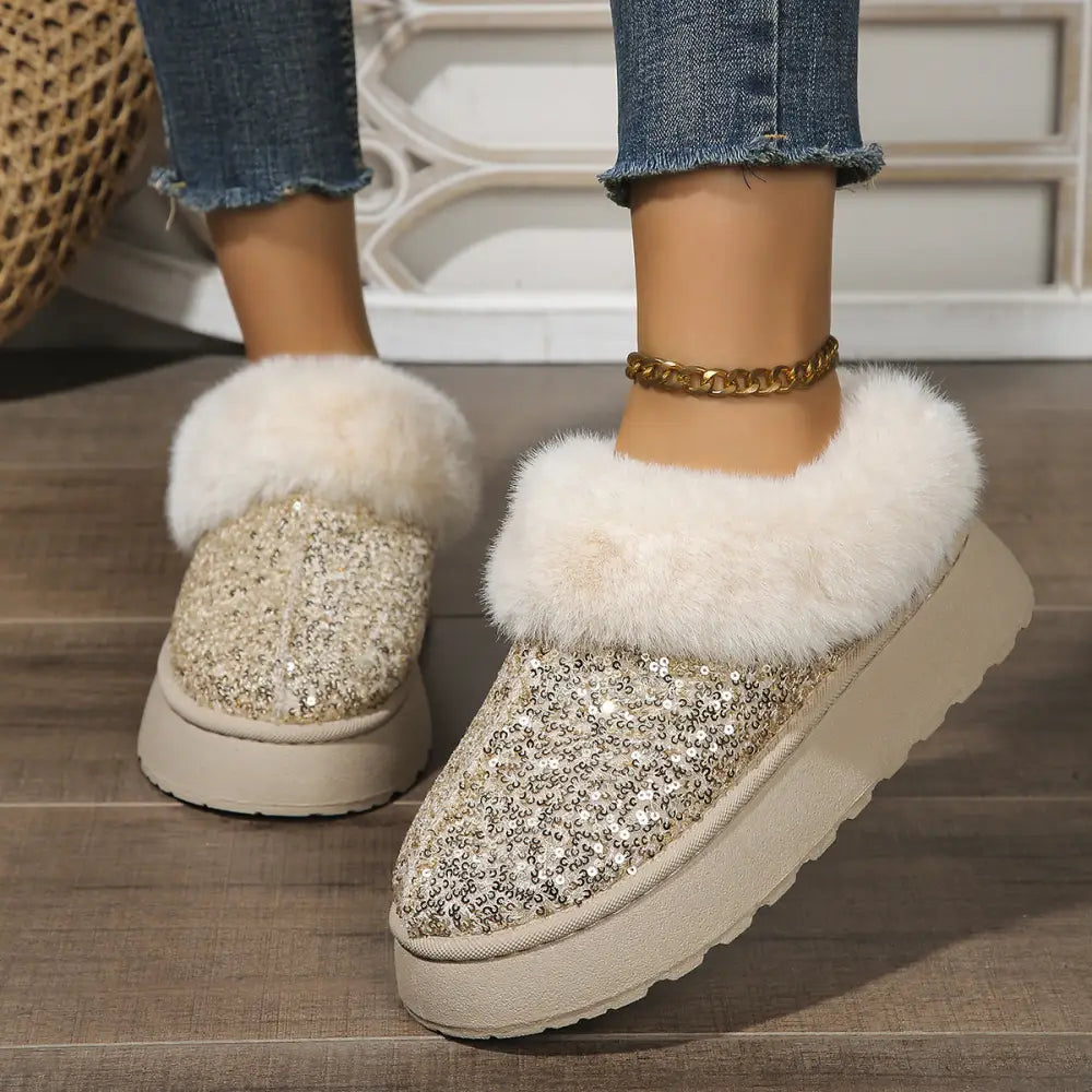 Women's Sequined Plush Winter Platform Slippers