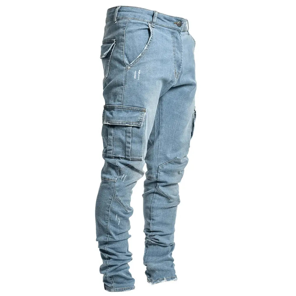 Slim Fit Distressed Denim Multi Pocket Cargo Jeans