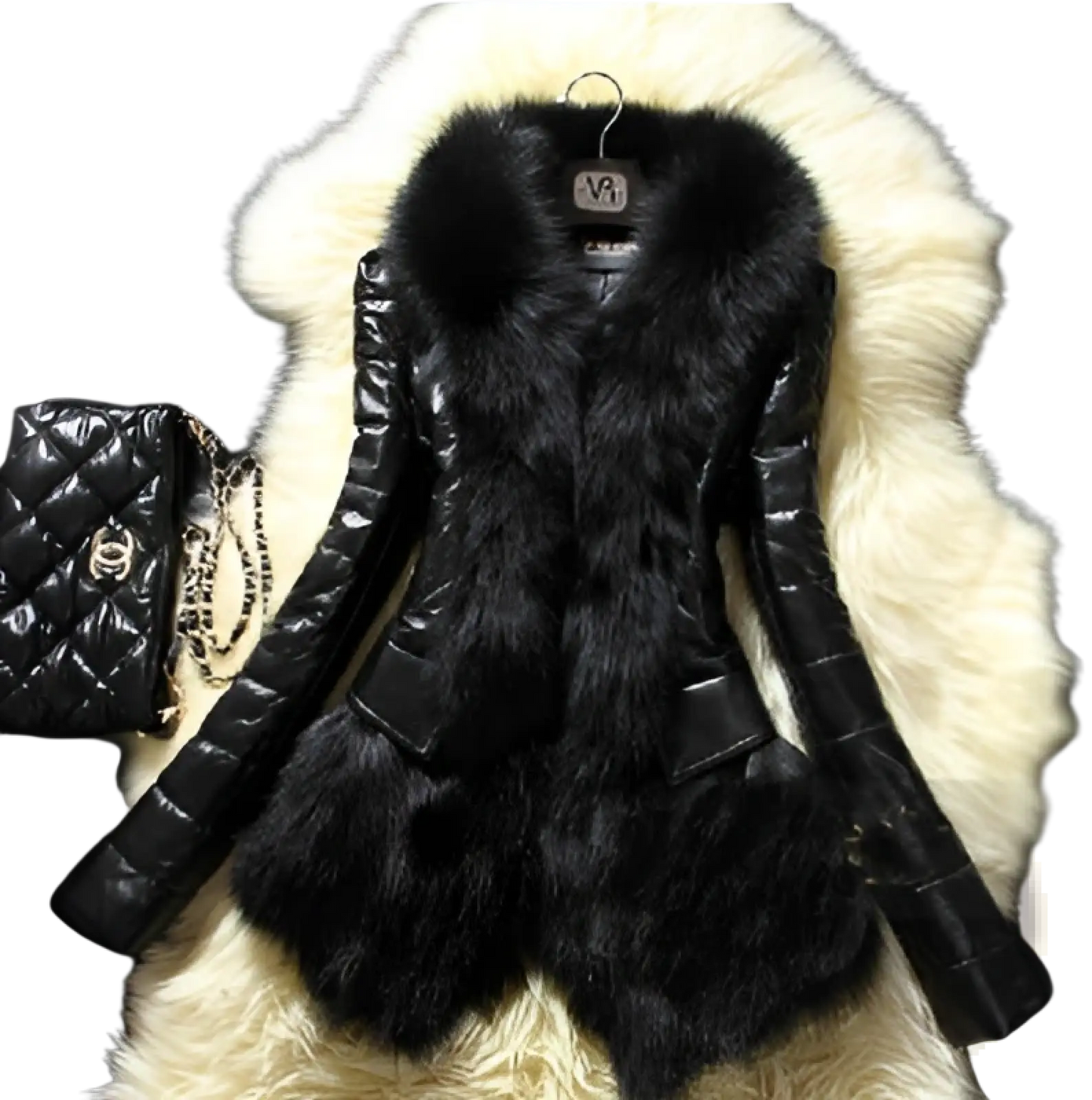 Faux Fur Collar Quilted Leather Jacket