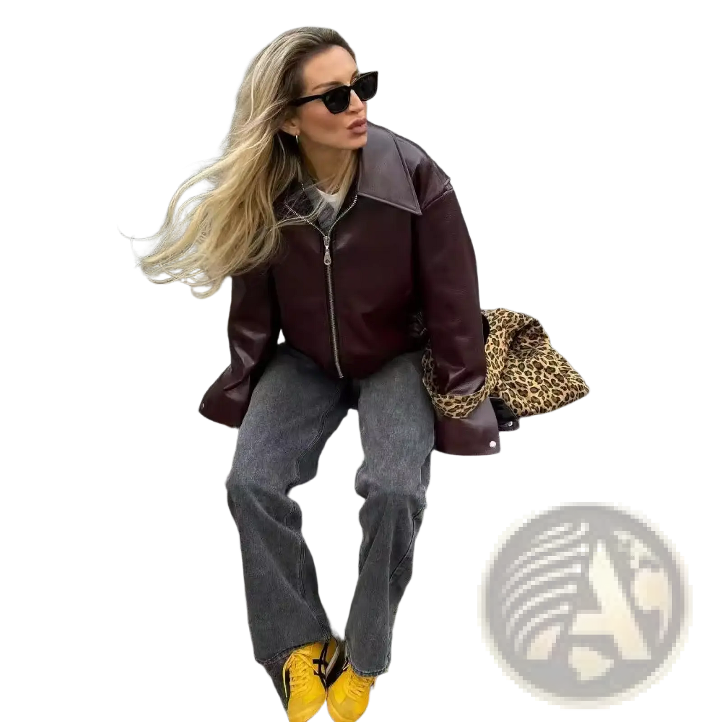 Faux Leather Bomber Jacket Loose Fit Cropped Moto Coat