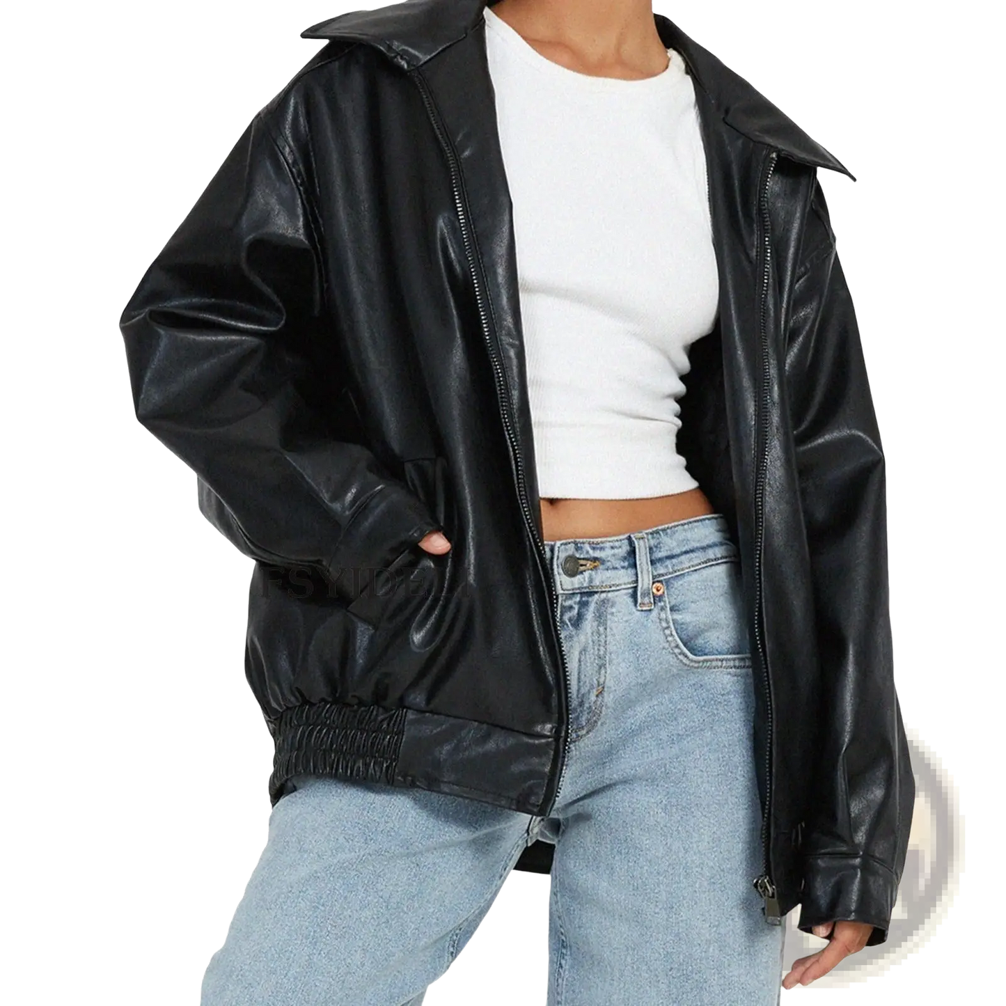 Faux Leather Bomber Jacket Relaxed Fit Women's Coat
