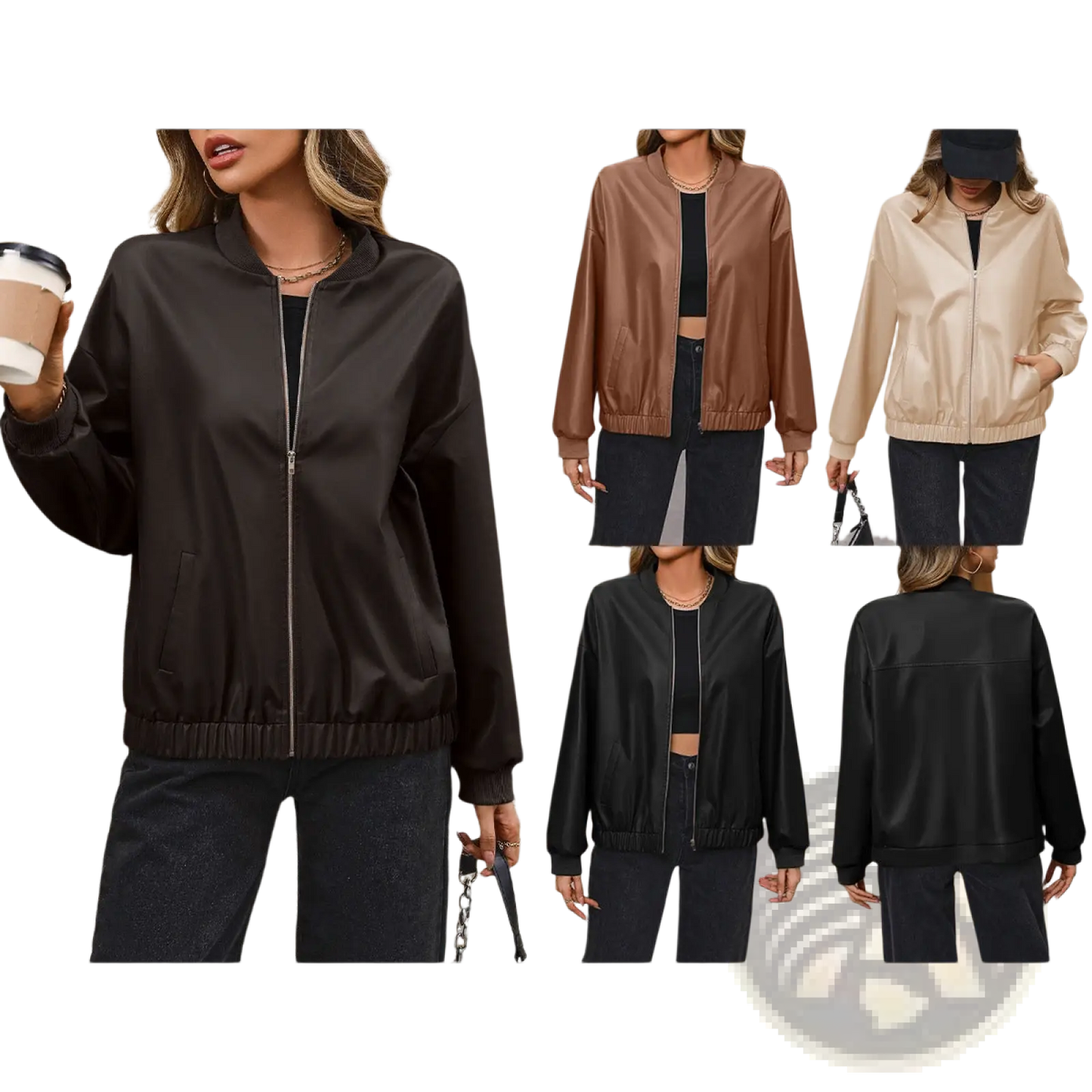 Faux Leather Bomber Jacket with Ribbed Cuffs