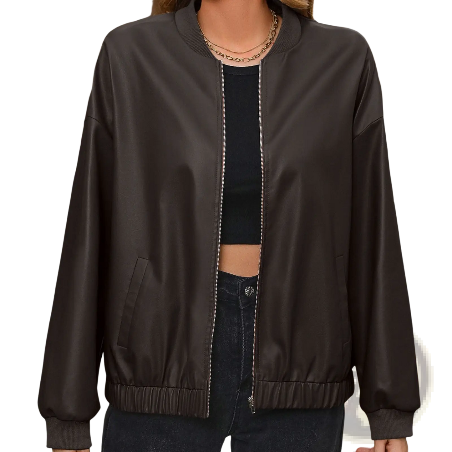 Faux Leather Bomber Jacket with Ribbed Cuffs