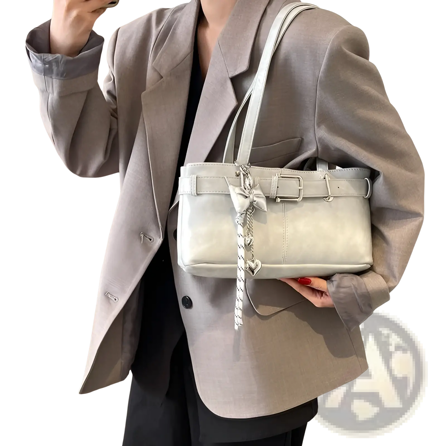 Faux Leather Buckle Shoulder Bag with Bow Charm