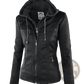 Faux Leather Moto Jacket with Detachable Hood