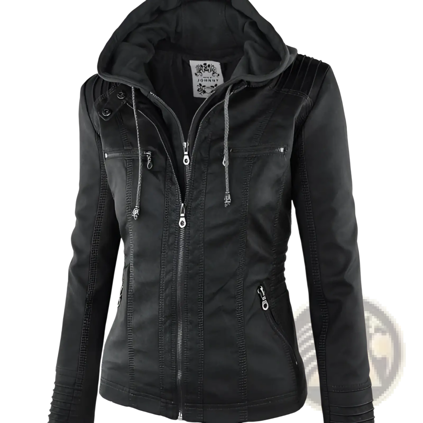 Faux Leather Moto Jacket with Detachable Hood