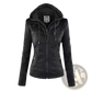 Faux Leather Moto Jacket with Detachable Hood