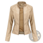 Faux Leather Moto Jacket Slim Fit Stand Collar