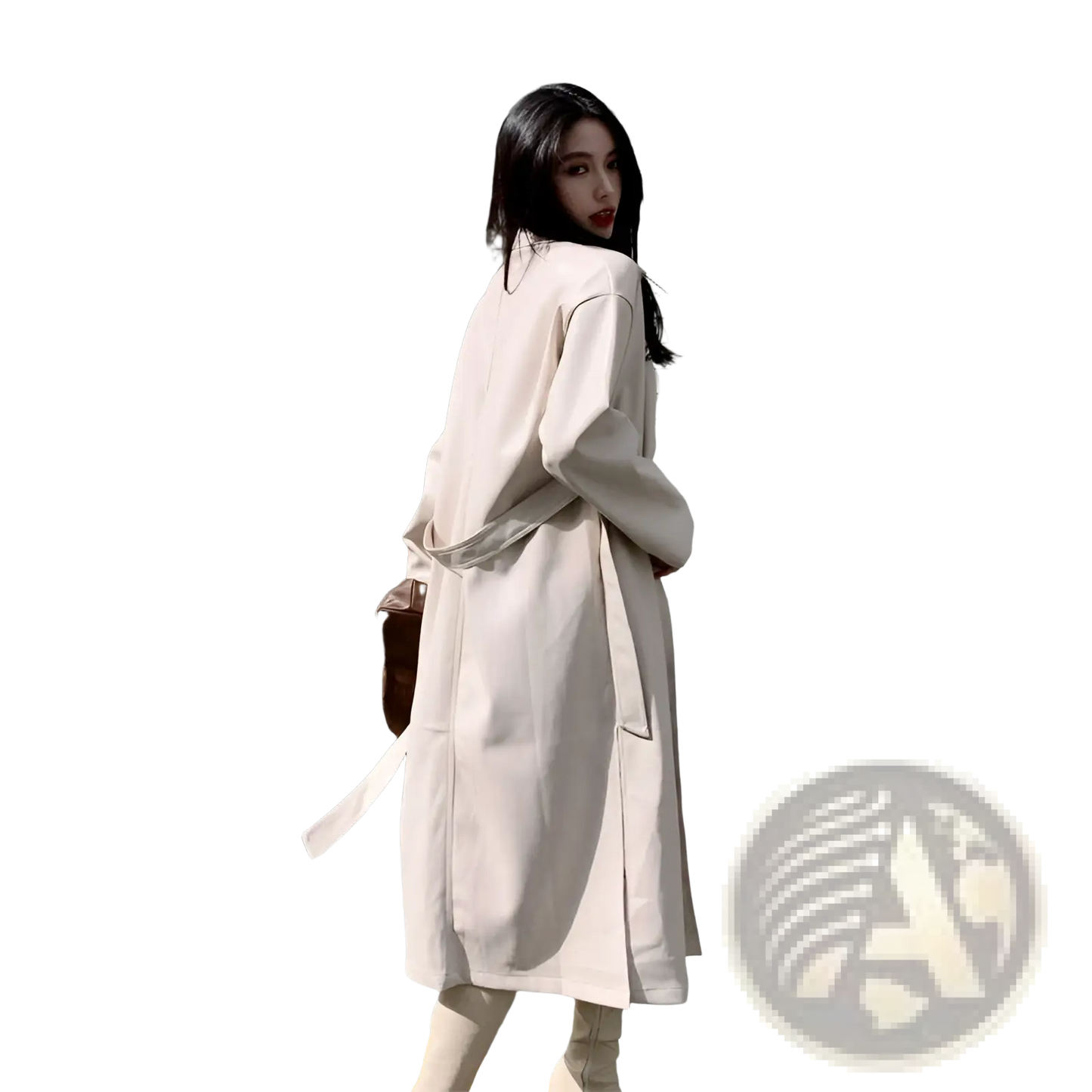 Faux Leather Trench Coat Belted Long Windbreaker Jacket
