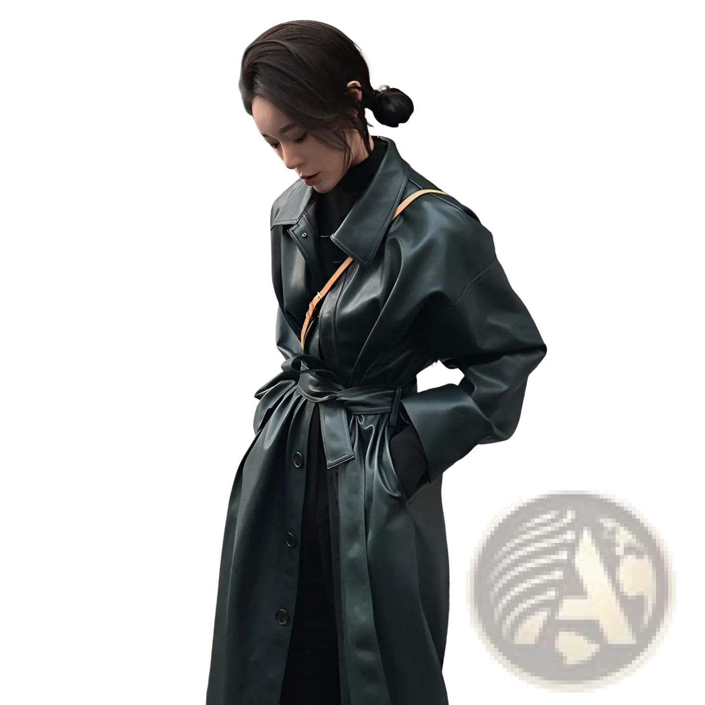 Faux Leather Trench Coat Belted Long Windbreaker Jacket