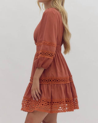 Entro - Rust Lace Inset Smocked Waist Short Dress