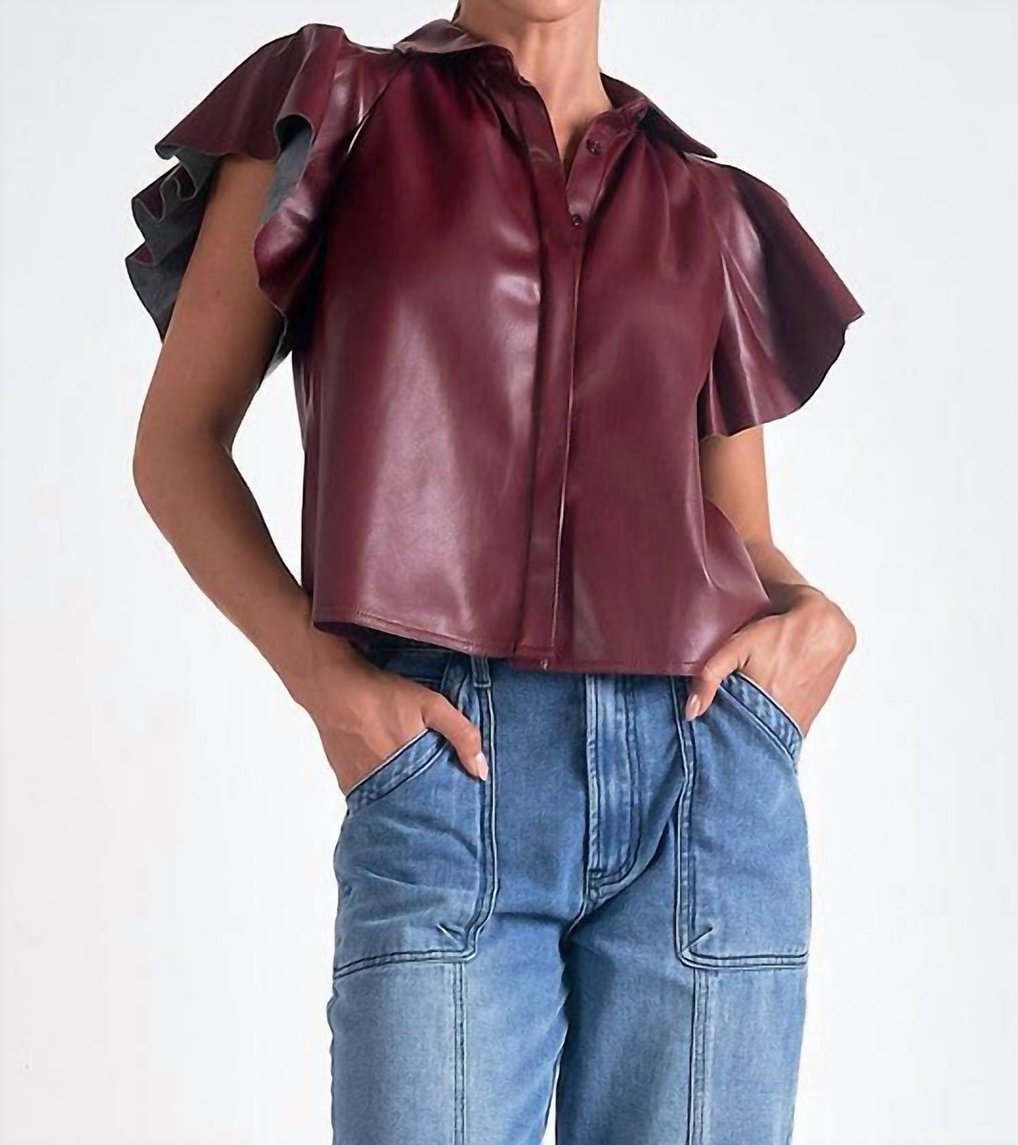 Elan - Flutter Sleeve Faux Leather Top