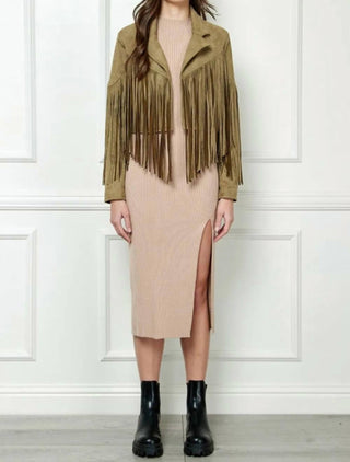 Trendsi - Veveret Suede Fringe Long Sleeve Moto Jacket