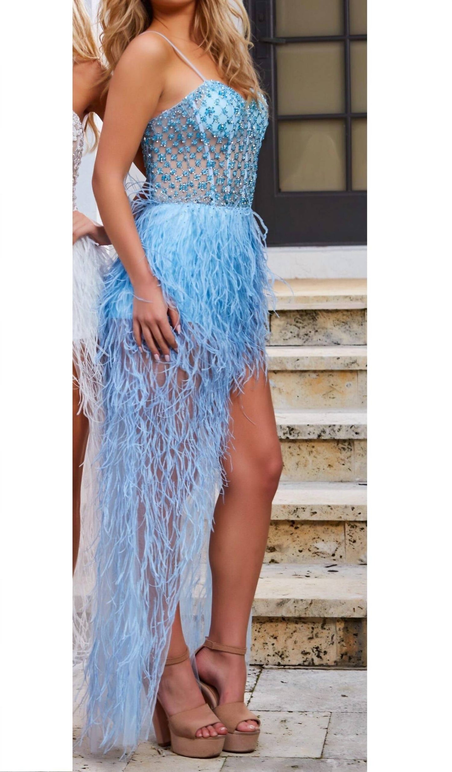 Jovani - Feather Skirt Illusion Dress
