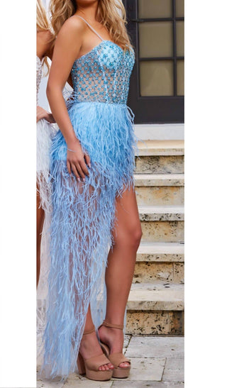 Jovani - Feather Skirt Illusion Dress