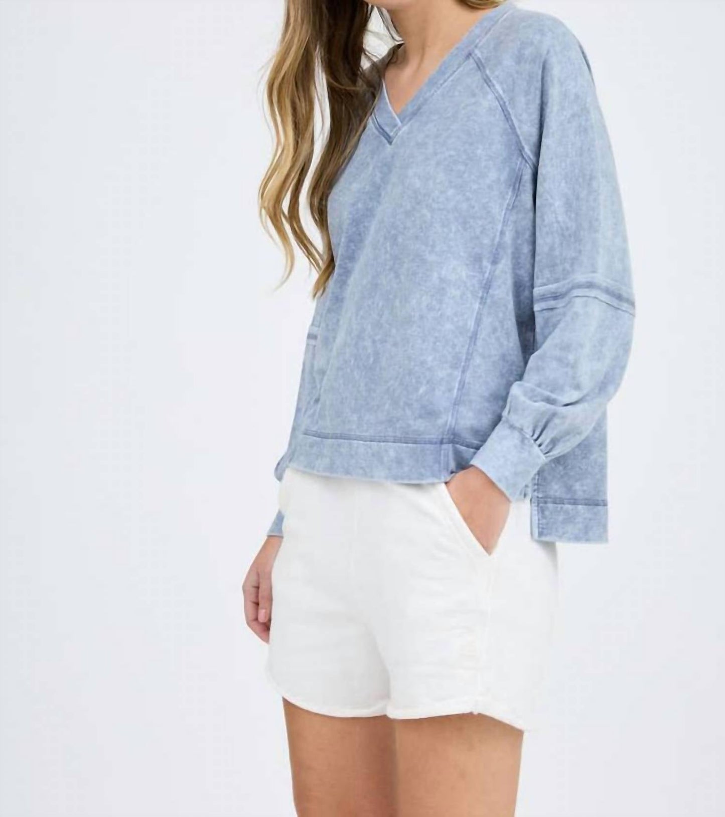 Blu Pepper - Washed V Neck Exposed Seam Top