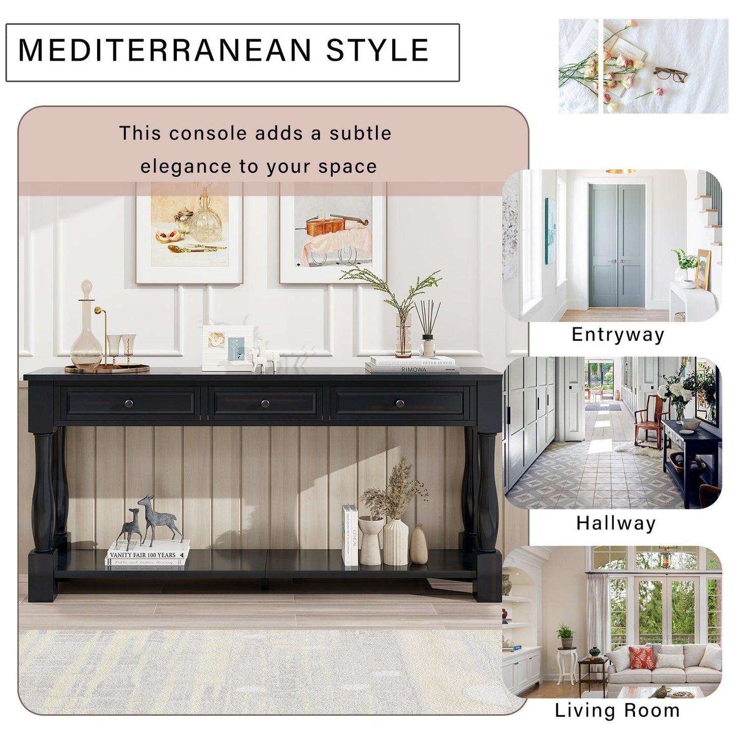 TREXM 63" Long Console Table with Drawers and Shelf