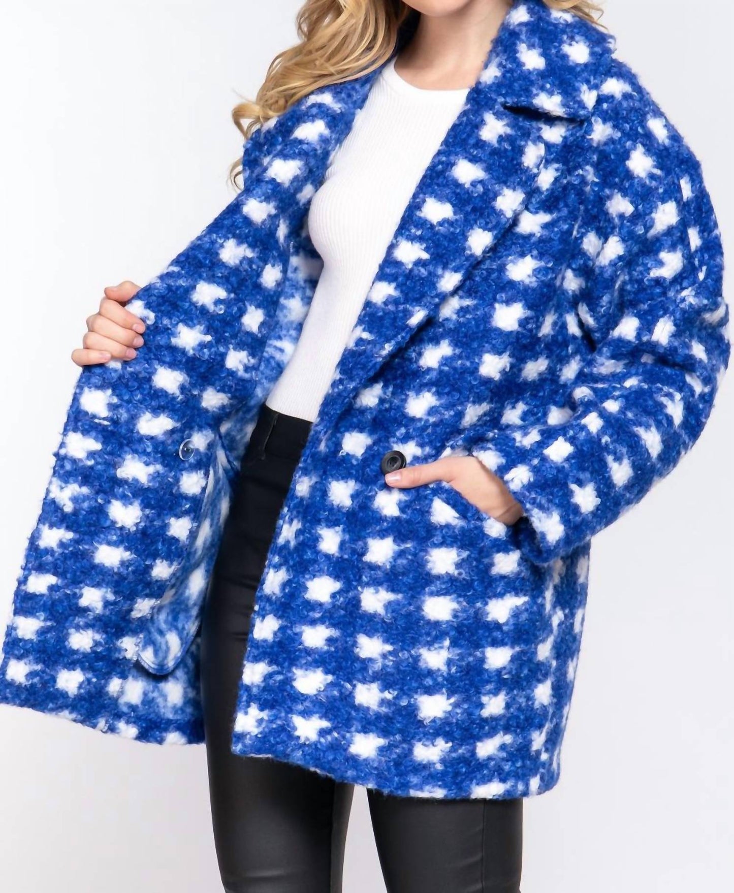 Active Usa - Double Breasted Check Print Boucle Fleece Coat