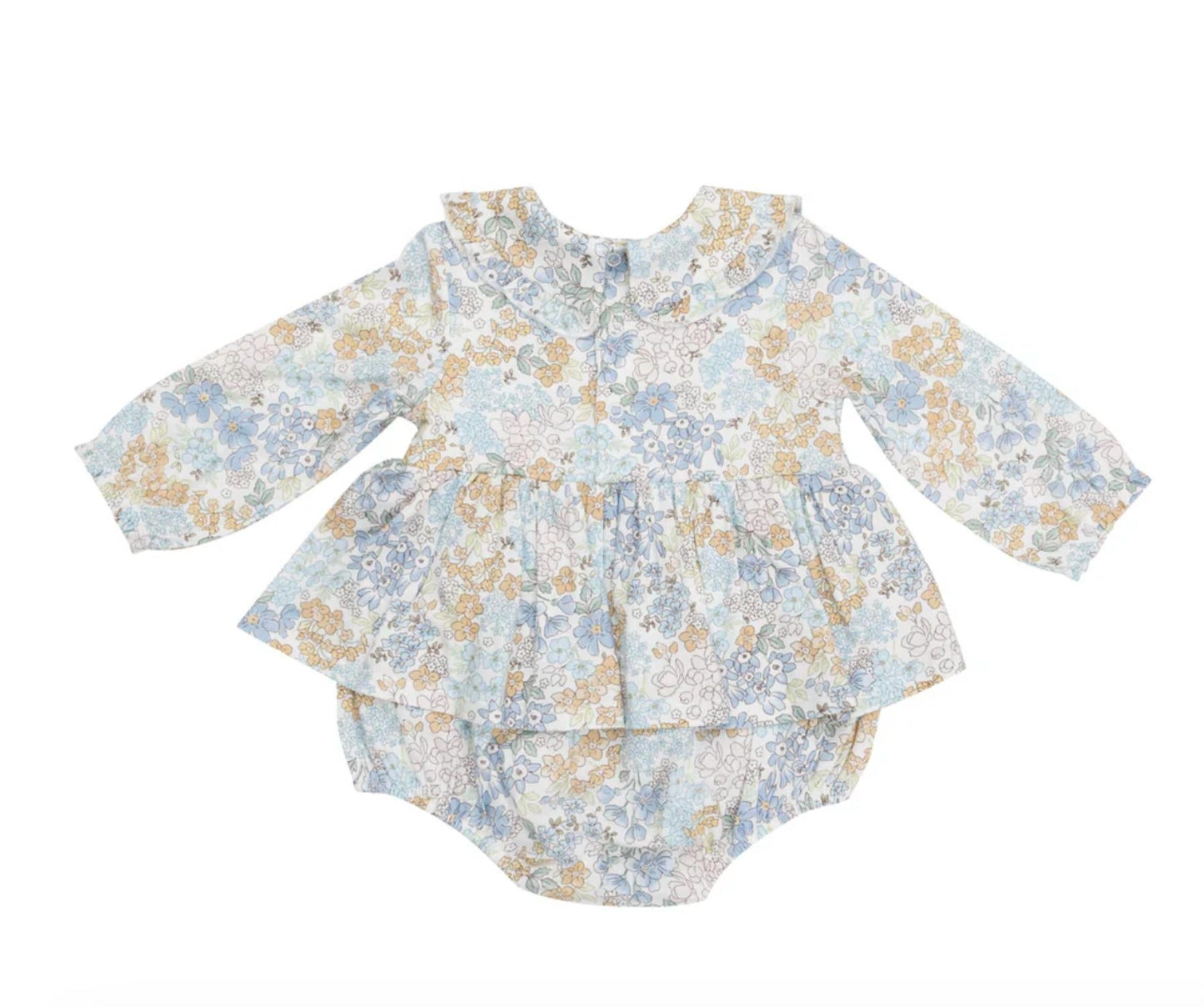 Angel Dear - Baby Girl Edith’s Floral Ruffled Bubble Romper With Peter Pan Collar & Skirt