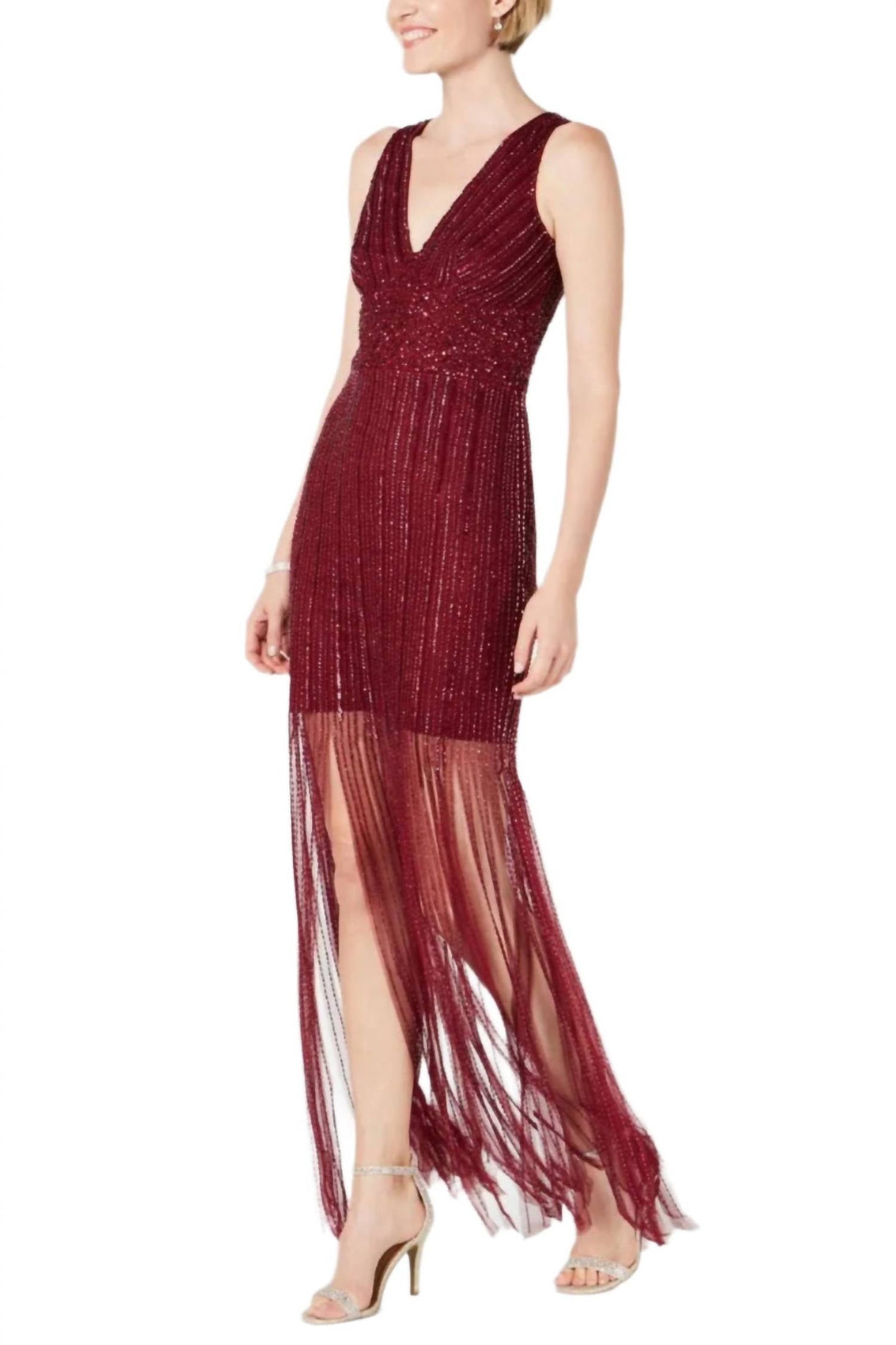 Adrianna Papell - V-neck Embellished Mesh Dress