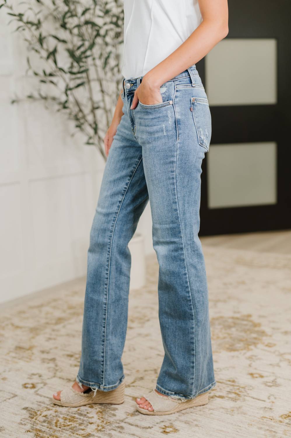 Judy Blue - Mid Rise Boot Cut Jean With Distress Hem