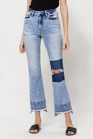 Flying Monkey - High Rise Distressed Patched Crop Flare Jeans