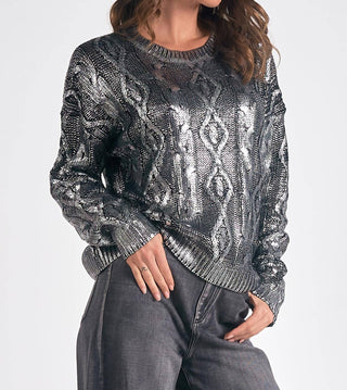 Elan - Silver Metallic Crew Neck Sweater