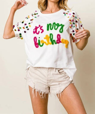 Trendsi - BiBi Metallic Letter Spangle Raglan Puff Sleeve Top