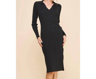 Allie Rose - Ribbed V Neck Collar Long Sweater Dress