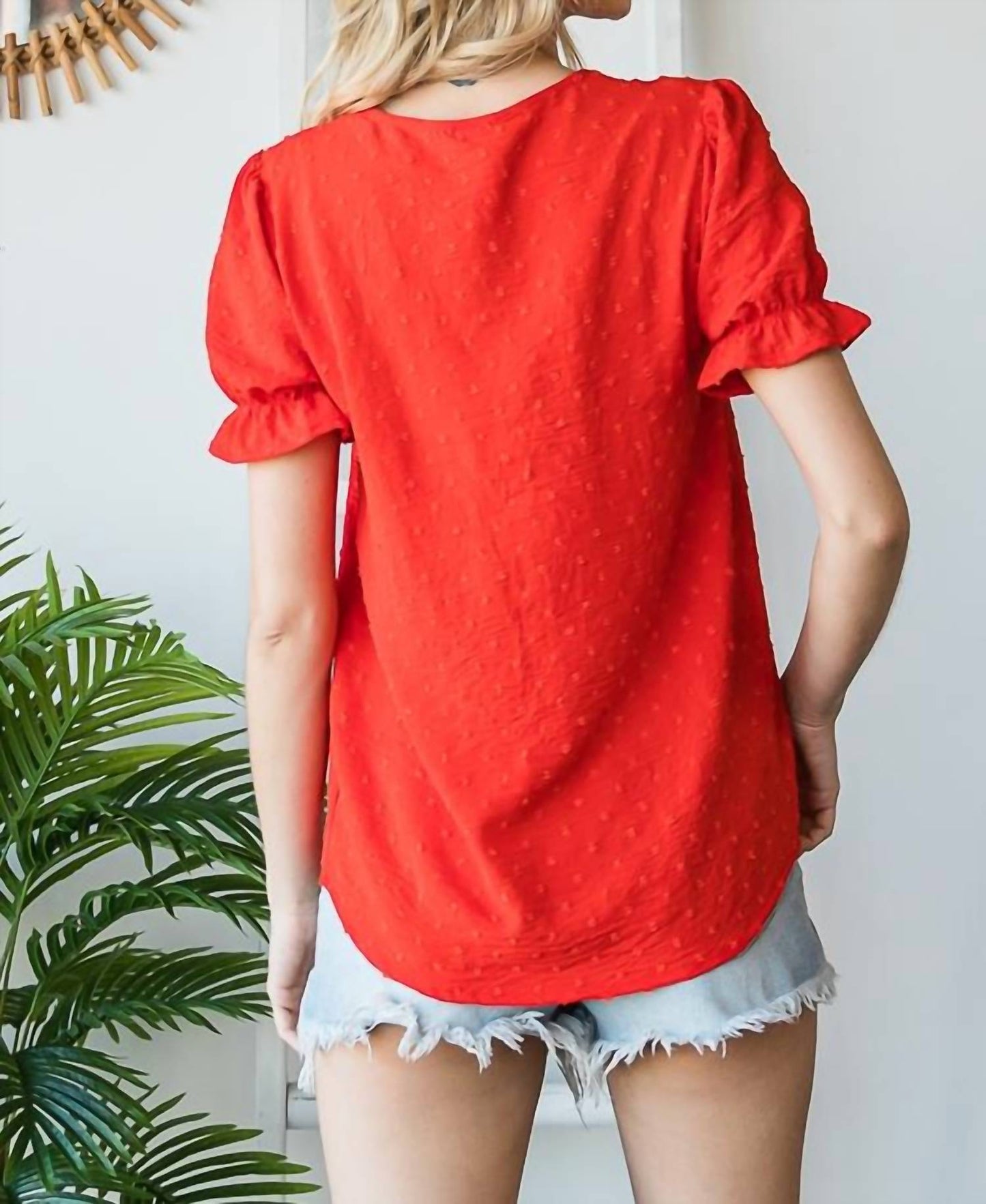 7Th Ray - V-neck Swiss Dot Ruffle Short Sleeve Blouse