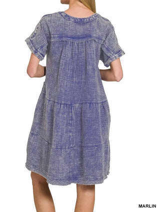 Zenana - Washed Double Gauze Raw Edge V-neck Dress