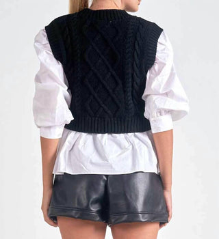Elan - Cable Sweater Vest With Attached Blouse