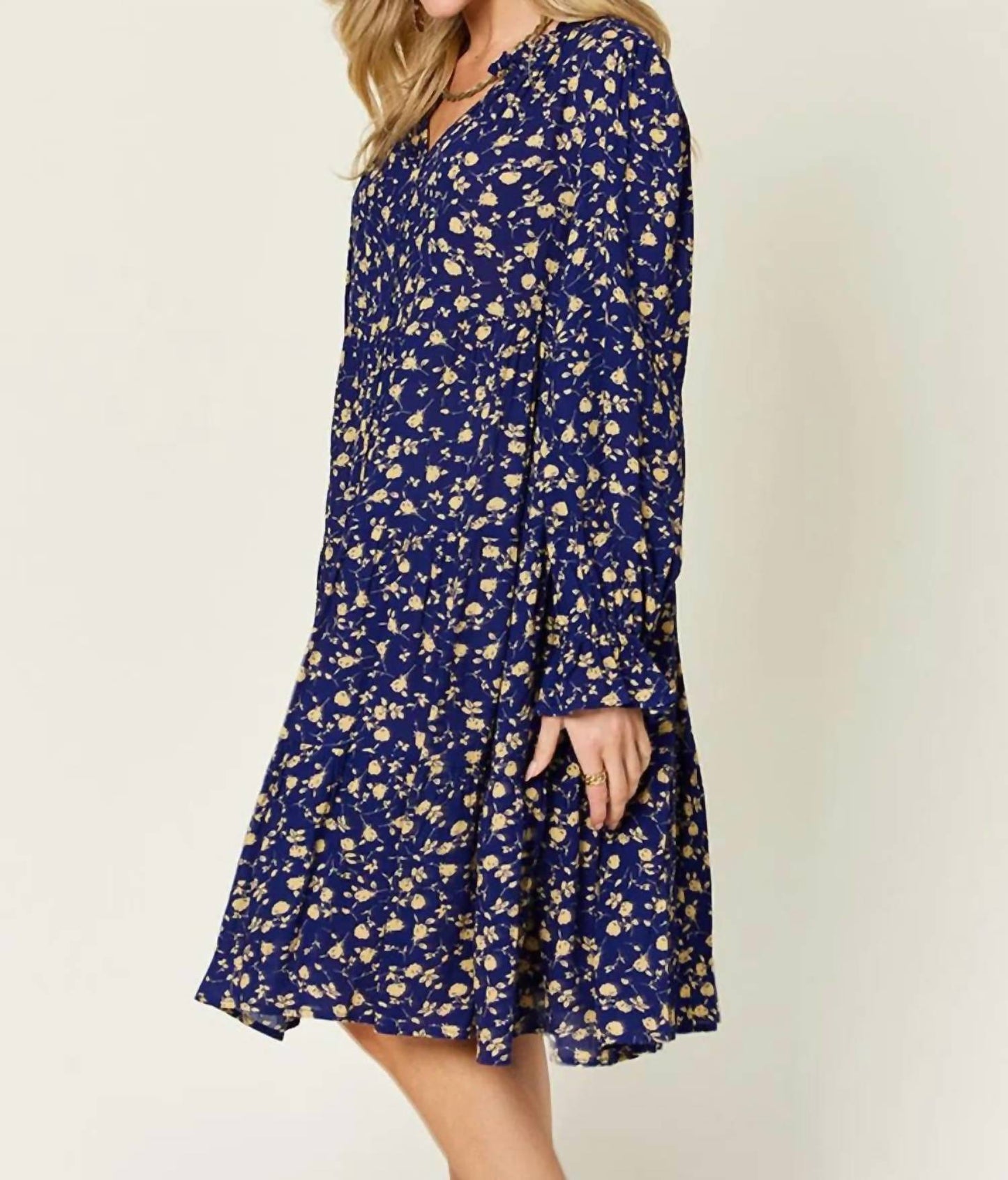 Double Take - Full Size Printed Ruffle Hem Long Sleeve Tiered Dress