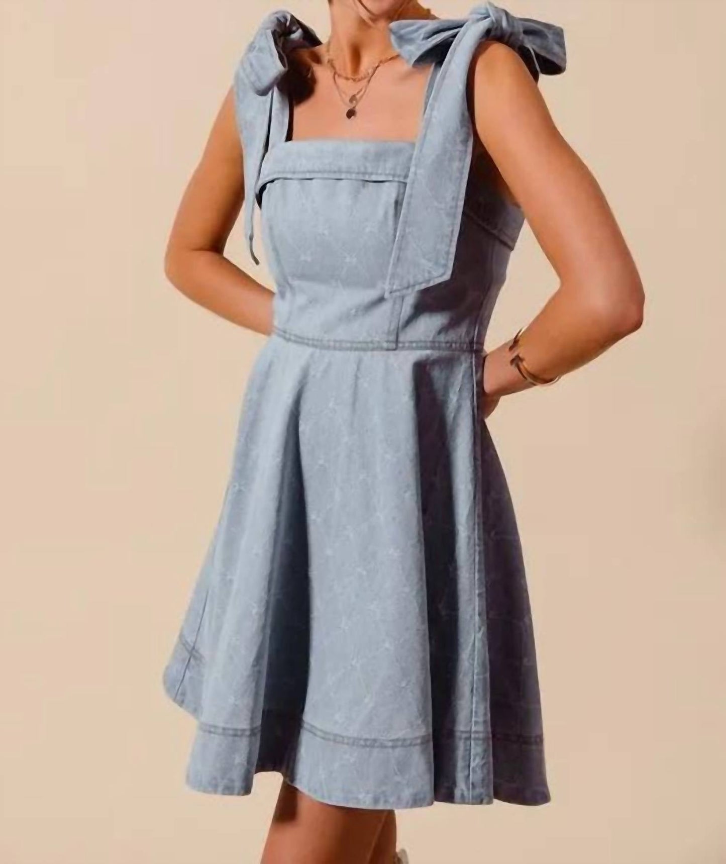 Trendsi - So Me A Line Fit And Flare Diamond Bow Ribbon Denim Dres