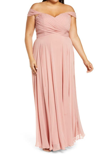 Dessy Collection Lux Off the Shoulder Chiffon Gown in Desert Rose, Size 18