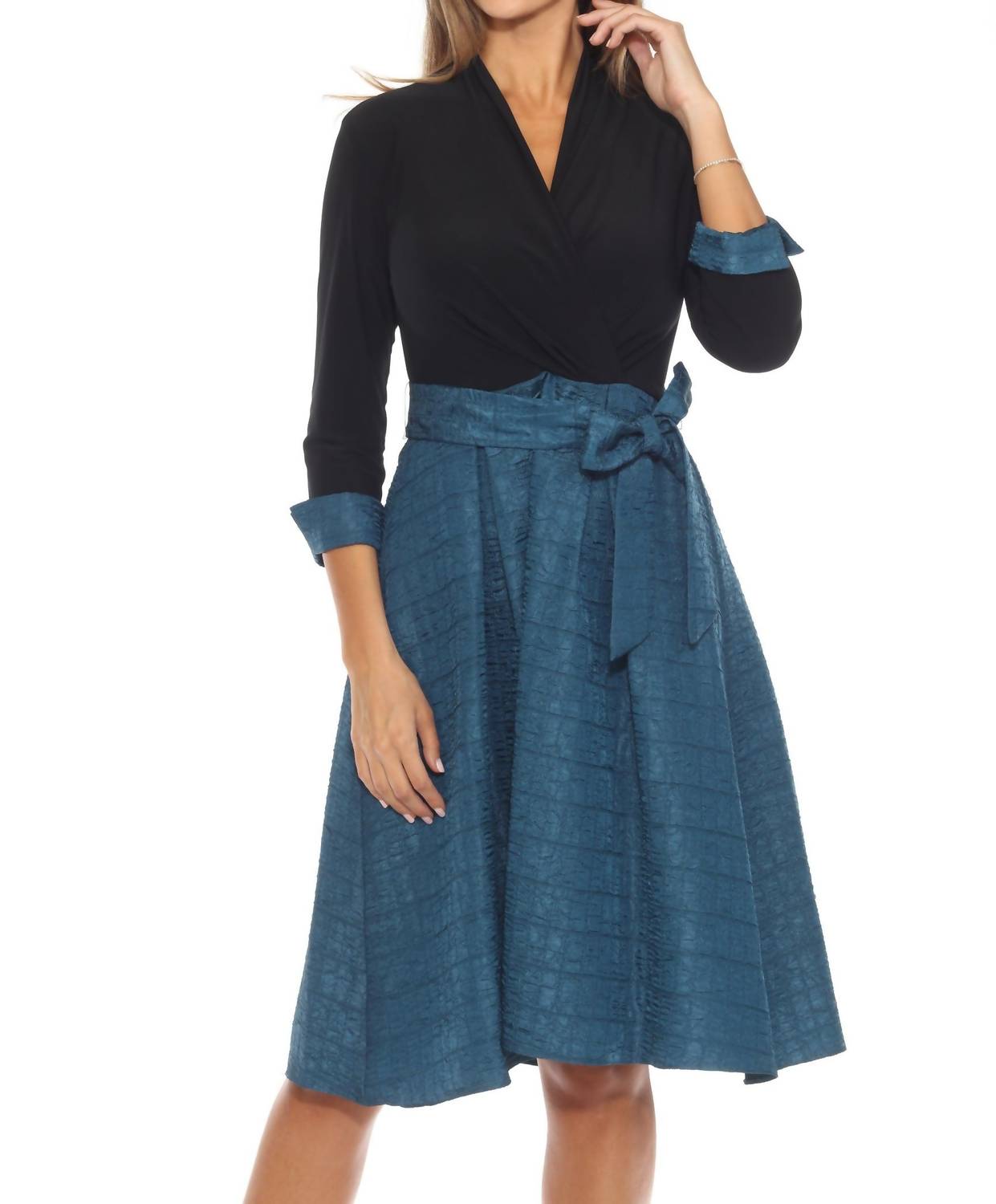 Joseph Ribkoff - Belted Jacquard Fit And Flare Dress